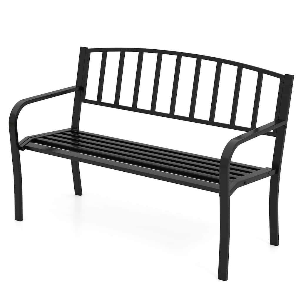 Black Metal Outdoor Garden Bench with Slatted Backrest and Curved Armrests - 50" L × 23" W × 33.5" H