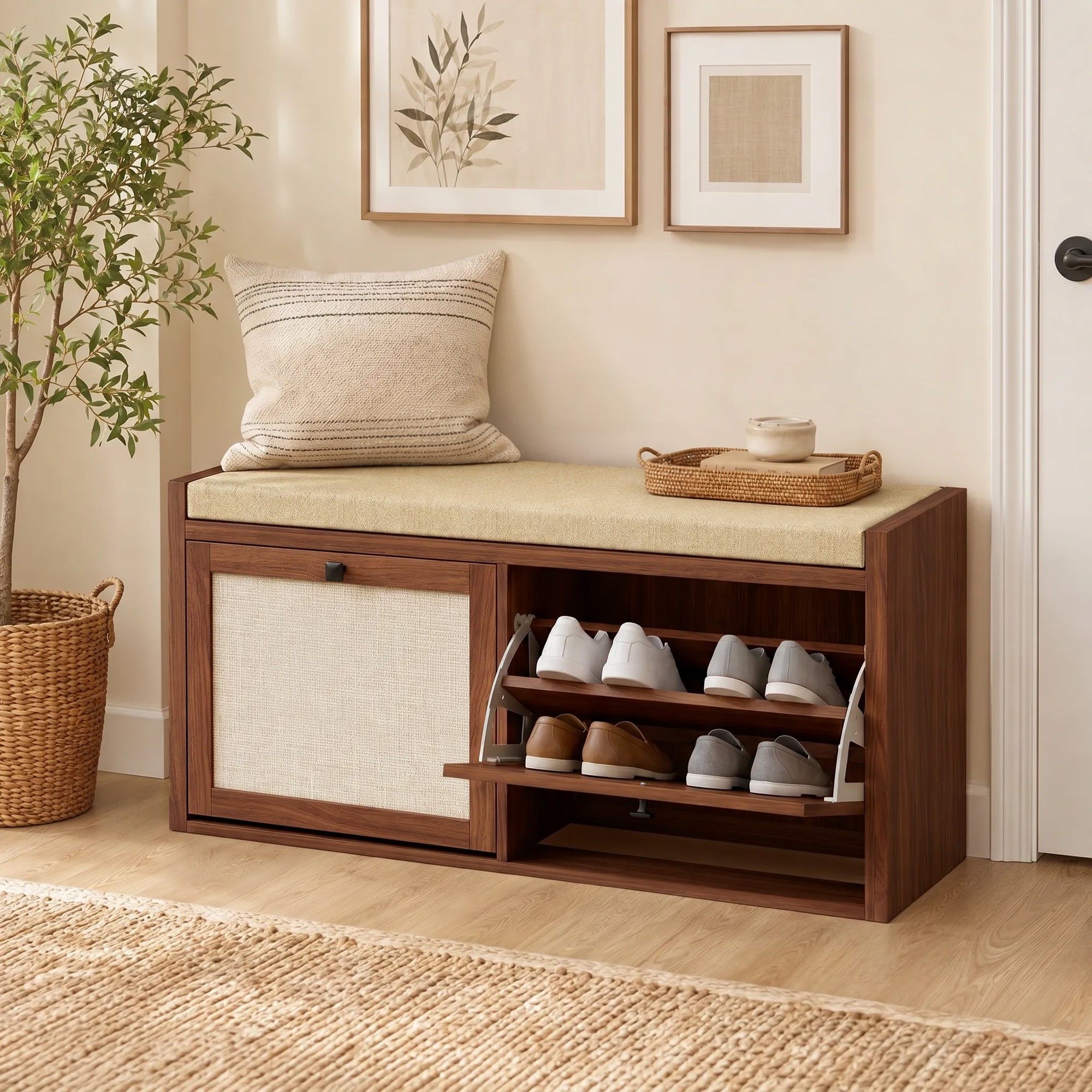 HOMCOM Rattan Shoe Storage Bench with Padded Cushion, Entryway Bench with 2 Cabinets for Hidden Storage, for Hallway