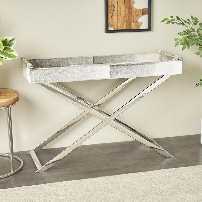 Leather Tray Table Side End Accent Table with Diagonal Silver Legs and Handles - Grey - Roche River Decor