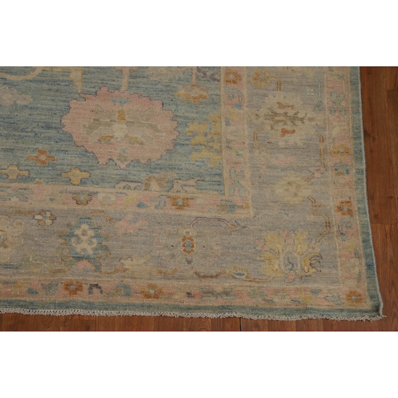 Vegetable Dye Blue Floral Oushak Turkish Area Rug Handmade Wool Carpet - 8'3"x 9'8"