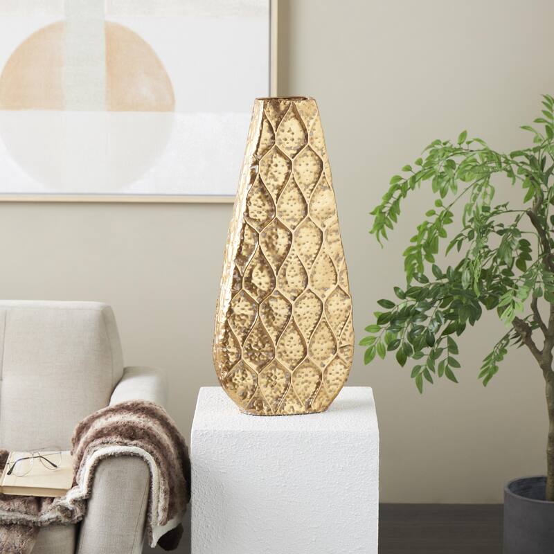 Metal Textured Concaved Teardrop Decorative Vase with Spotted Gray Accents - Gold - Roche River Decor