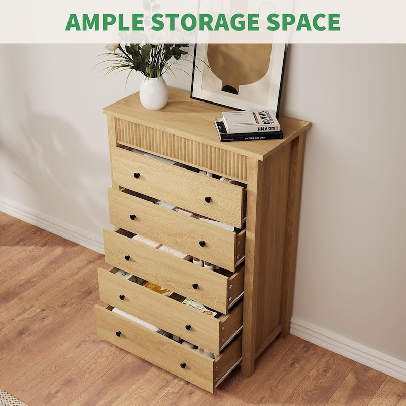 Modern Fluted 5 Drawer Dresser, Chest of Drawers for Bedroom, Living Room, Hallway