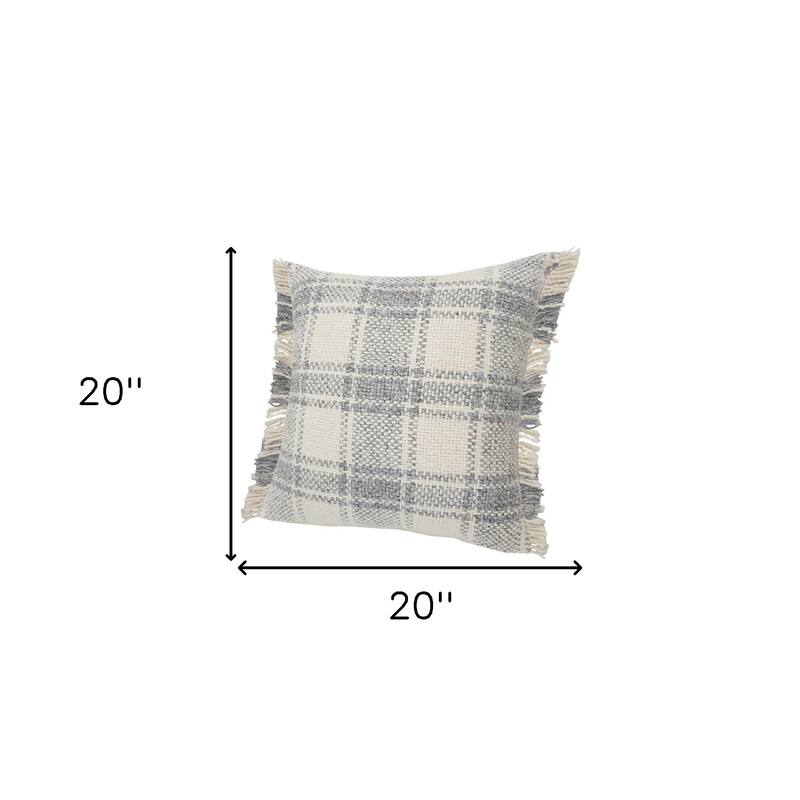 Set of Two 20" Off White And Gray Plaid Cotton Throw Pillows with Fringe