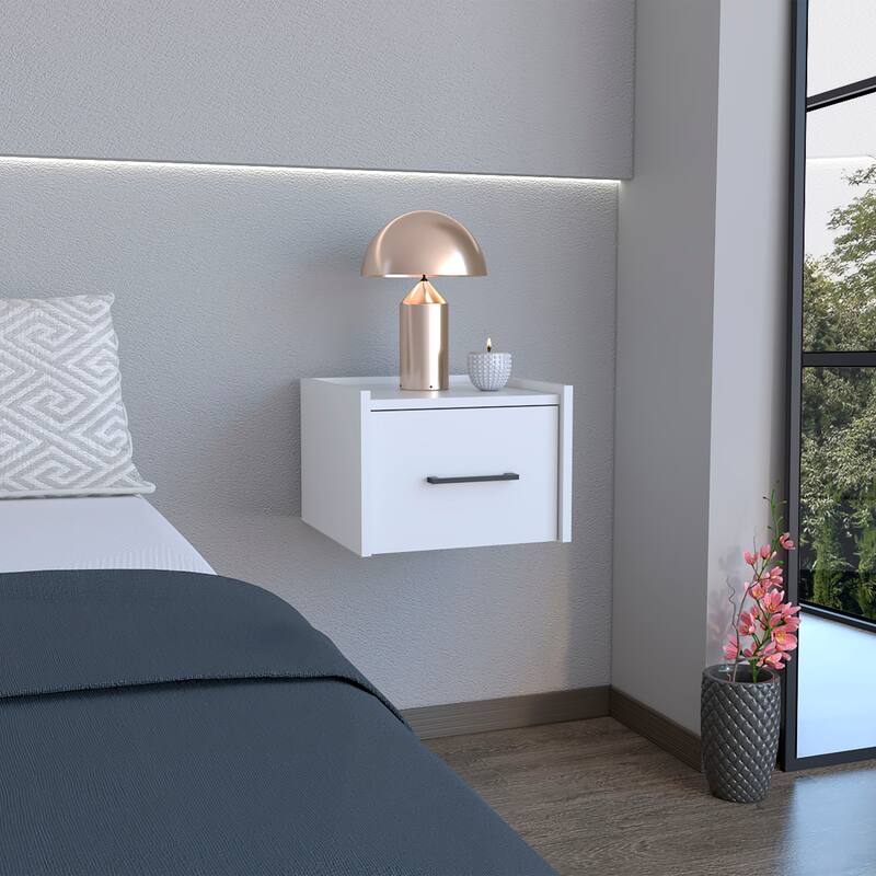 White Modern Floating Nightstand, Space-Saving Design with Convenient Drawer and Black pull Handle