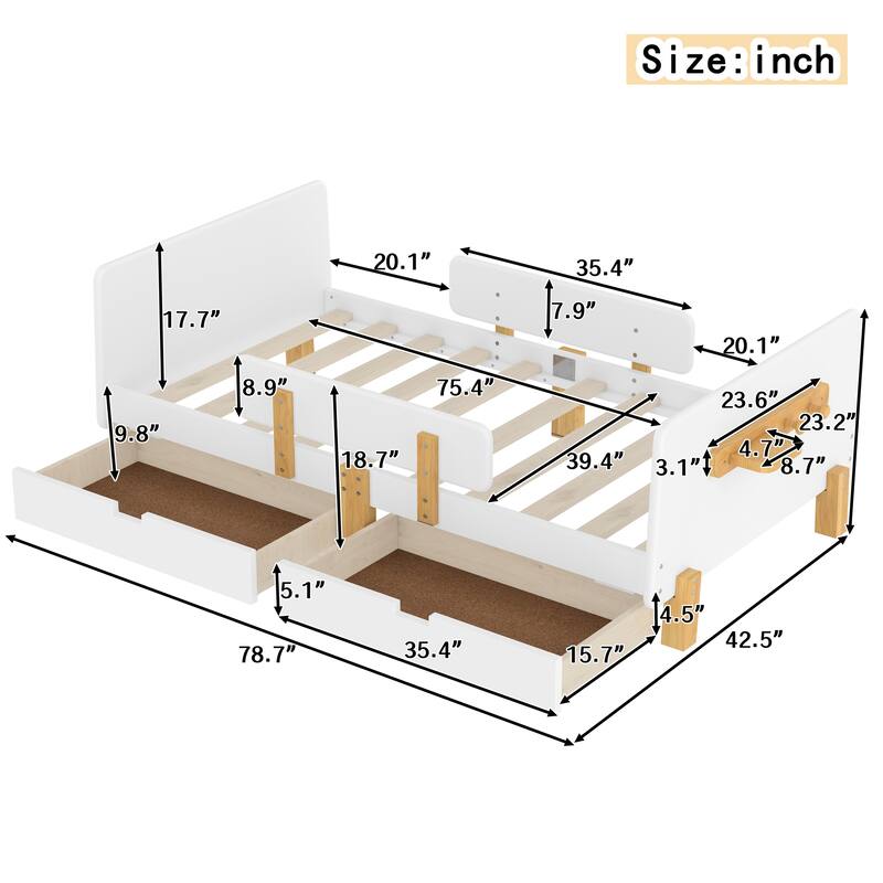 Roomfitters Platform Bed with Storage Drawers and Shelf, Solid Wood Frame with Hooks and Guardrails