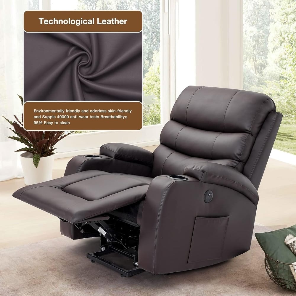 EROMMY Oversized Power Lift Recliner with Massage & Heat - PU Leather Chair with Pockets & Cup Holders