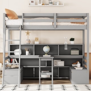 Grey Twin Size Wood Loft Bed with Storage Shelves