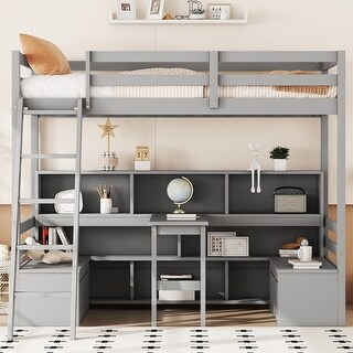 Grey Wood Loft Bed Frame with Drawers, Desk and Seat, Twin Size Loft Bed with Underneath All-in-One Cabinet and Shelf for Kids