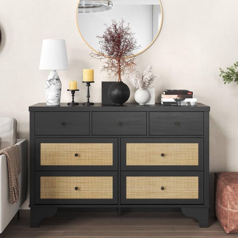 47.3" Wide Rattan 7 Drawer Dresser Storage Organizer for Bedroom - Black