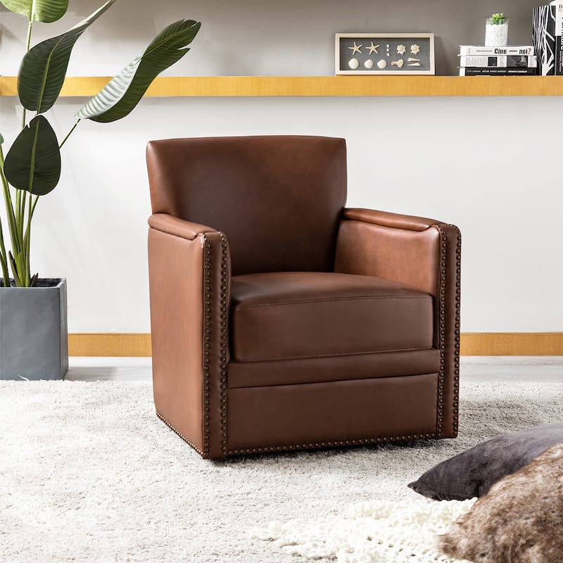Pascual Classic Genuine Leather Swivel Chair With Nailhead Trim Arm by HULALA HOME - Brown