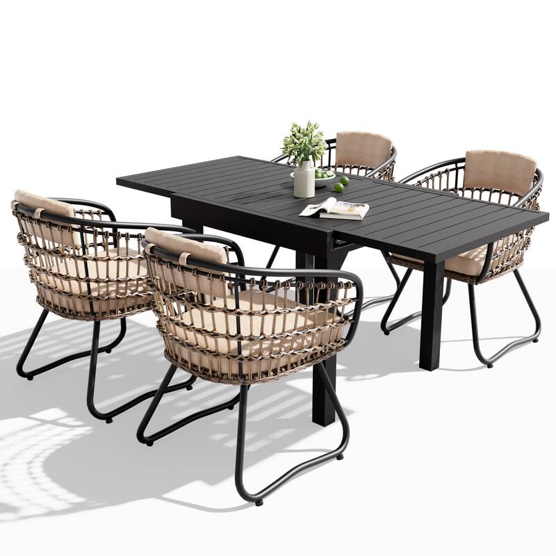 5/7/11PC Outdoor Patio Extendable Table Dining Sets with Rattan Chairs