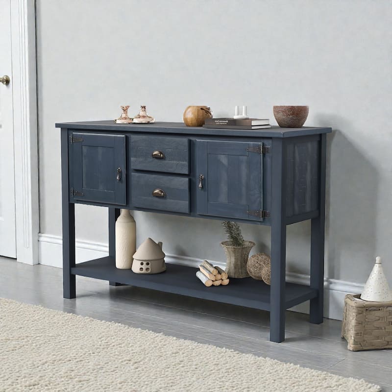 48" Solid Wood Sideboard Console Table with Drawers, Cabinets and Bottom Shelf, Retro Buffet Storage Cabinet