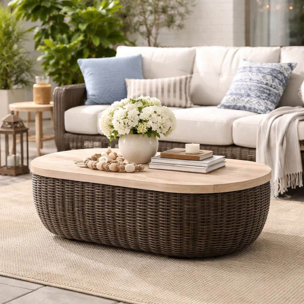 Kimo Outdoor Cocktail Coffee Table, Brown Wicker Details, 50 Inch