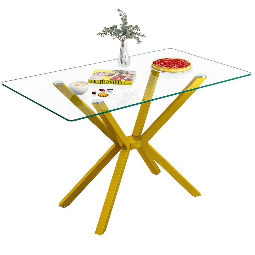 47.24" Rectangular Clear Tempered Glass Dining Table,Stylish Design with Gold Metal Legs, Kitchen Table for Dining Room