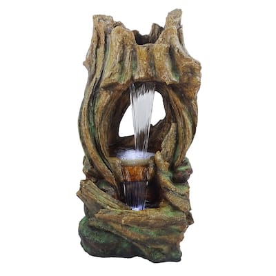 Open Tree Trunk Fountain with Cool White LED Lights