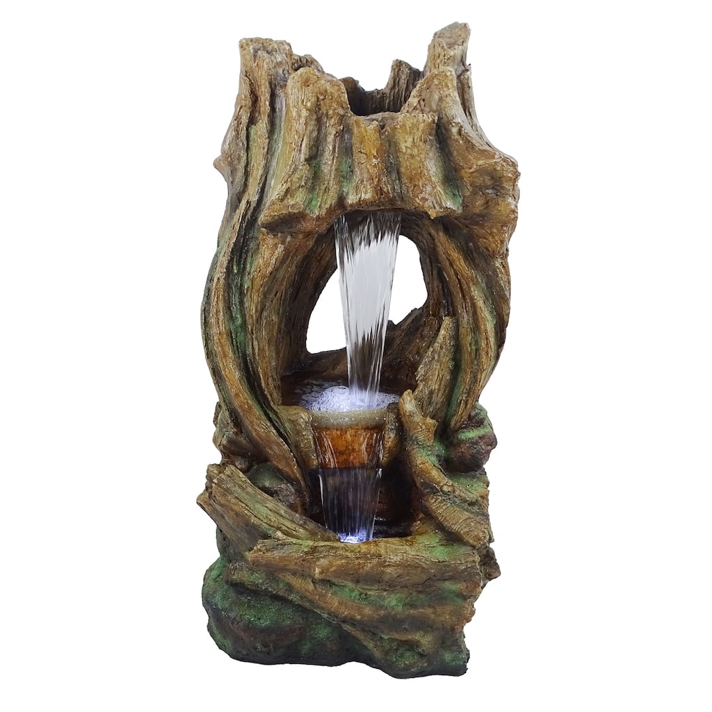 Open Tree Trunk Fountain with Cool White LED Lights
