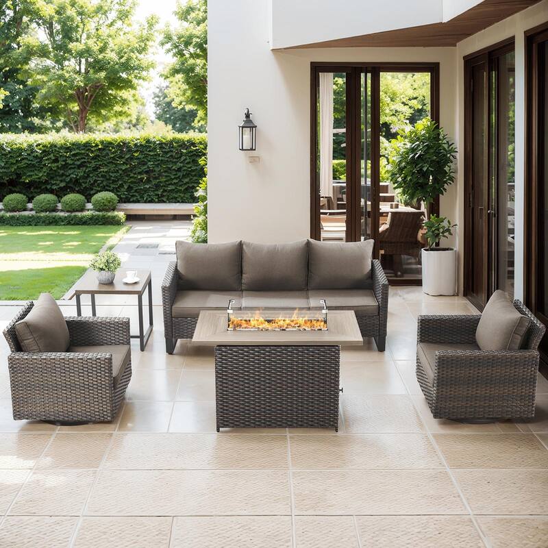 Outdoor Sofa Glider Chairs & Fire Table Brwon-Grey - Brown - Brown - Grey
