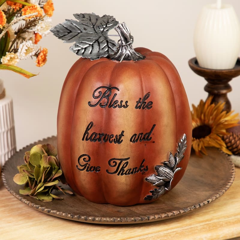 Bless the Harvest and Give Thanks Debossed Pumpkin Decoration - 10"