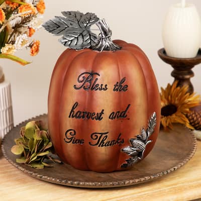 Autumn "Bless the Harvest and Give Thanks" Pumpkin Decoration - 10" - Orange