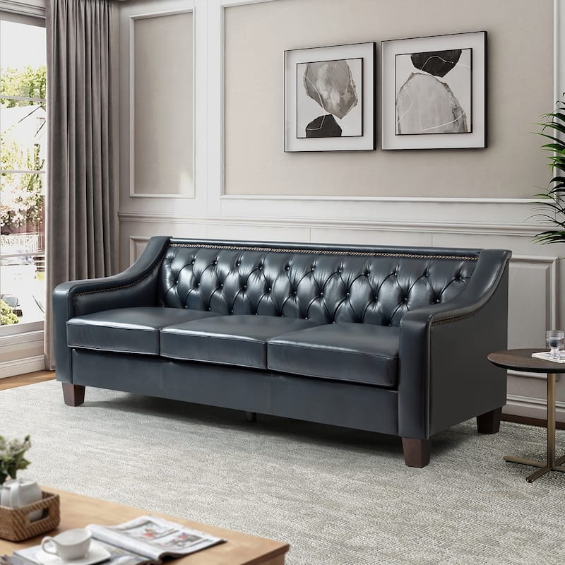 Mateo 82.28" Wide Transitional Genuine Leather Sofa with Nailhead Trim and Button-Tufted Back