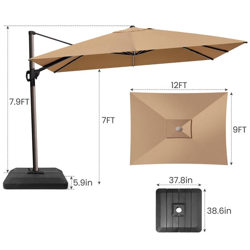 9 x 12 ft Outdoor Shade Patio Cantilever Offset Umbrella, Base Included