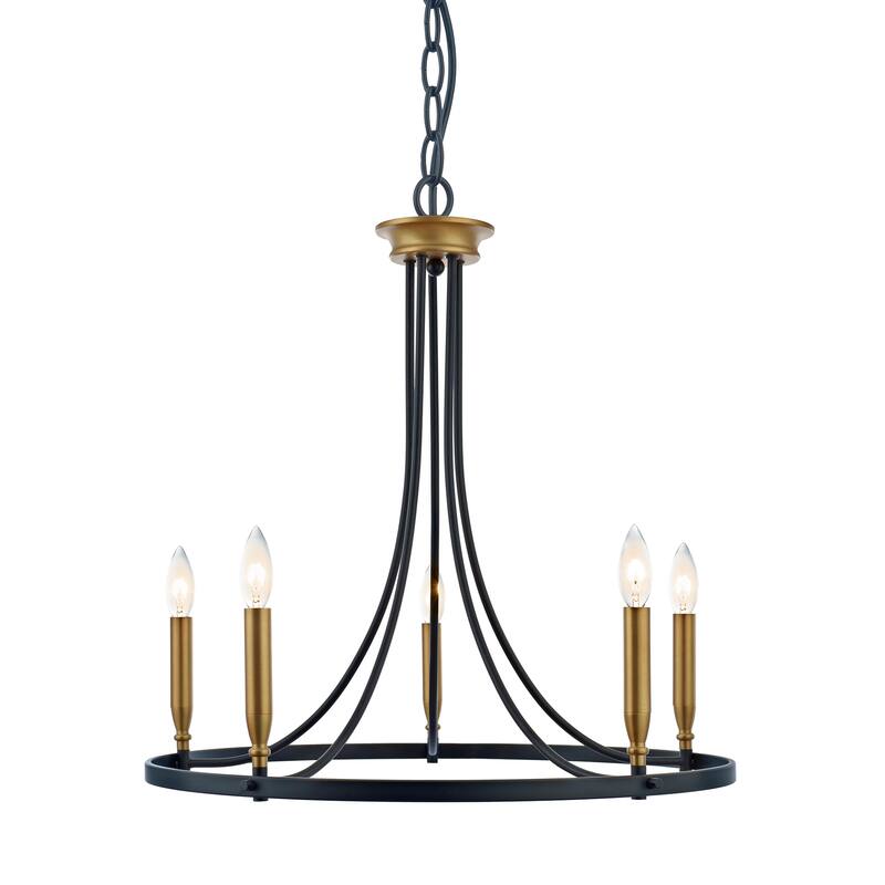 Jaye Matte Black+Antique Brass 24-Inch 5-Light Metal Wagon Wheel Chandelier