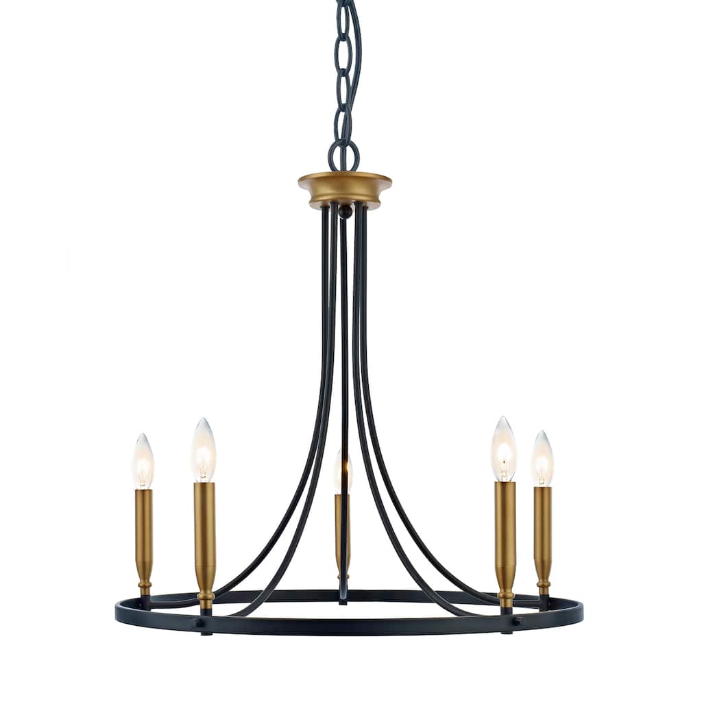 Jaye Matte Black+Antique Brass 24-Inch 5-Light Metal Wagon Wheel Chandelier