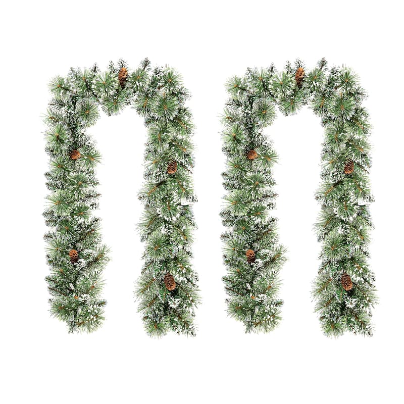 Glitzhome 9ft & 6ft Pre-Lit Frosted Greenery Pinecones Christmas Garland