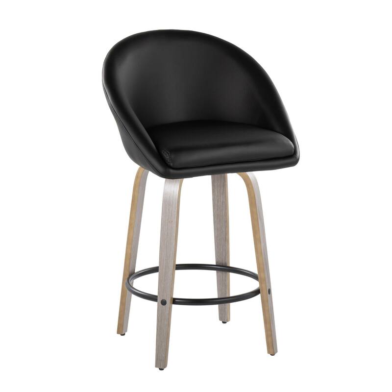 Carson Carrington Livesey High Back 26" Fixed-Height Counter Stool with Bent Wood Legs & Round Footrest (Set of 2) - Black Faux Leather/Light Grey Wood/Black Metal