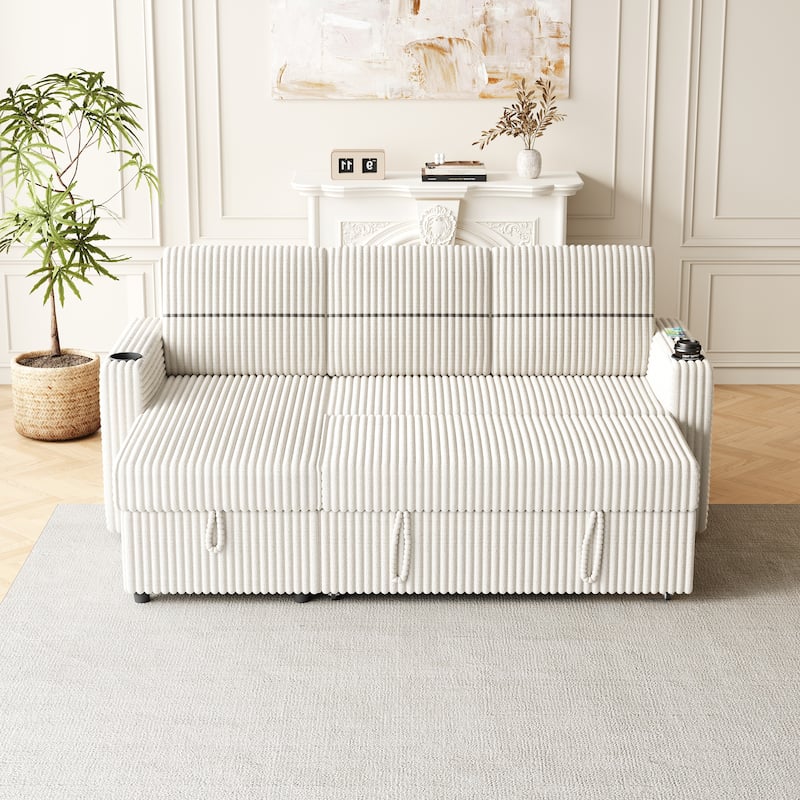 3-Seater Sleeper Sofa Bed with Corduroy Fabric, Storage Chaise, USB Charger, and Cup Holders
