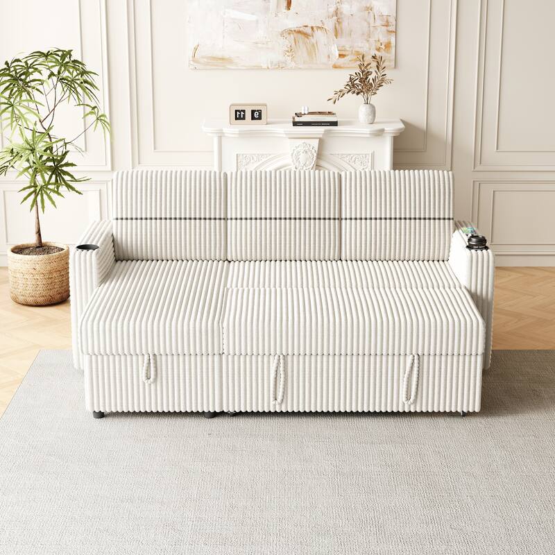 Pull-Out Sofa Bed with Storage Chaise, USB Port, and Cup Holders - 3-Seater Sleeper Couch