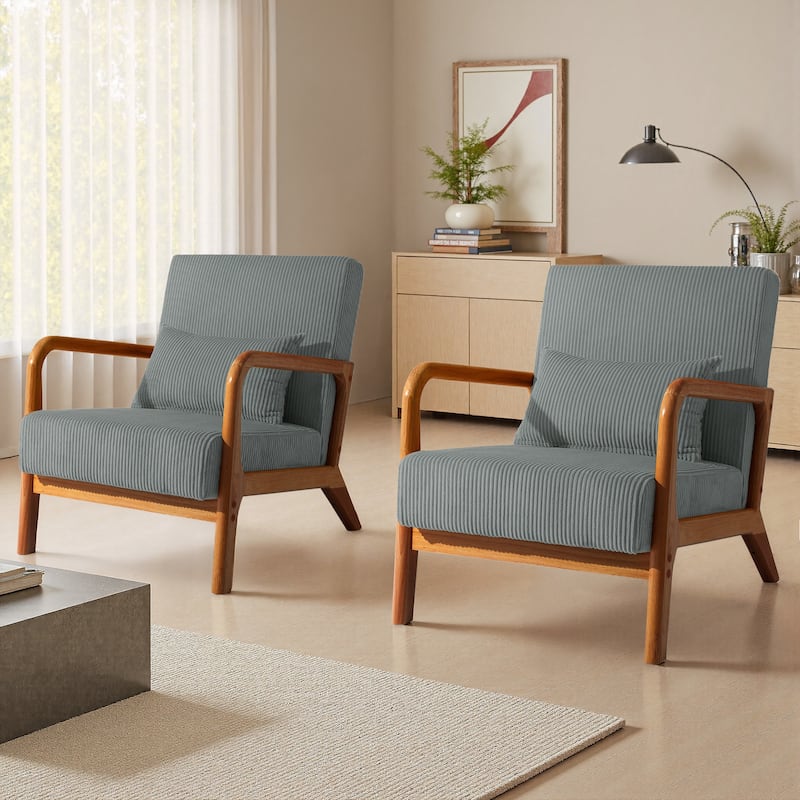 Modern Corduroy Upholstered Accent Chair with Wood Legs Set of 2
