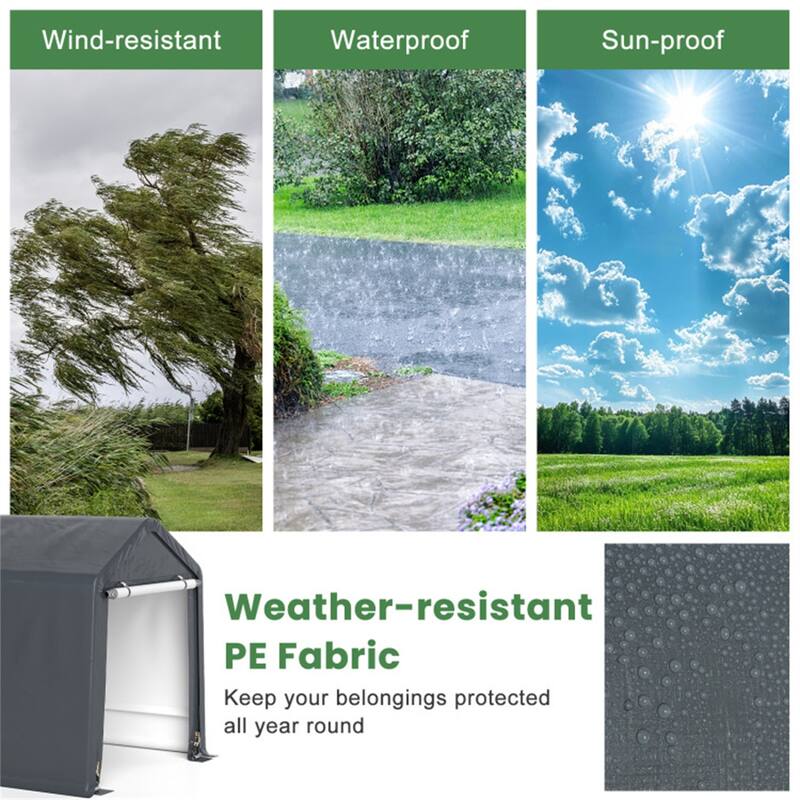 Grey Galvanized Metal Outdoor Storage Shed with PE Cover and Roll-Up Door - 78” W x 72” D x 84” H