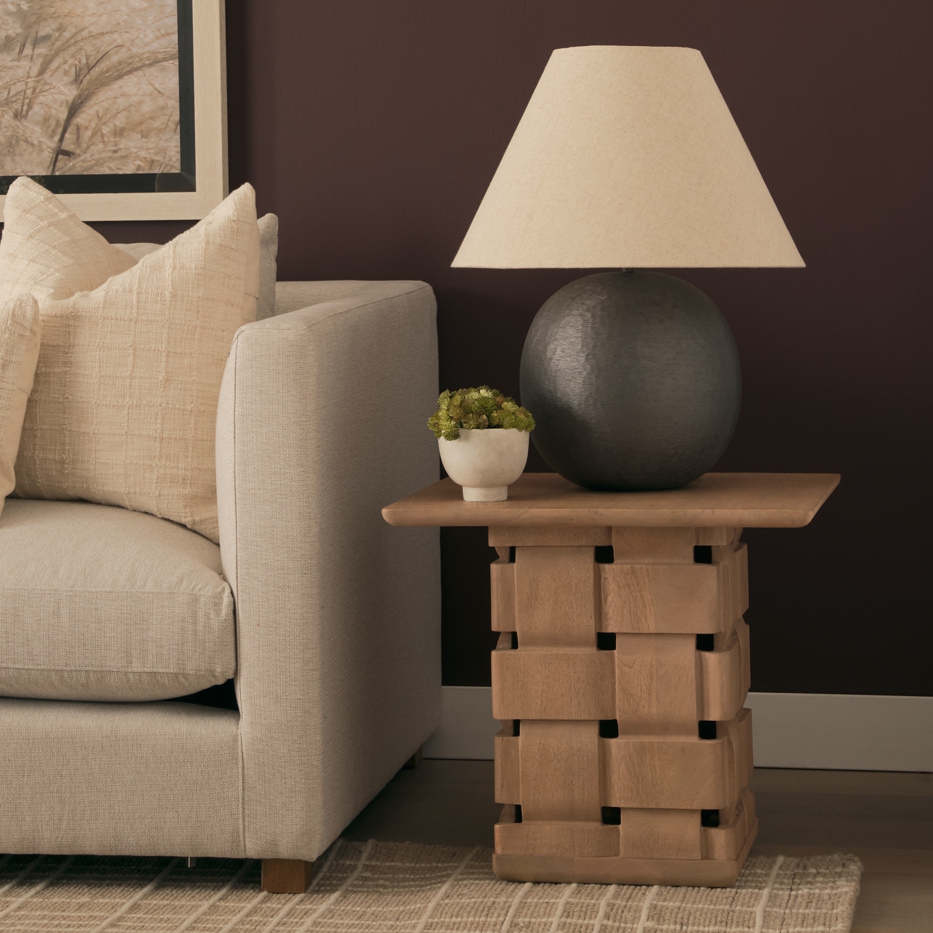 Mercana Trellyn Light / Dark Brown Wood w/ Carved Woven Base Square Accent Table - 22.0L x 22.0W x 20.0H