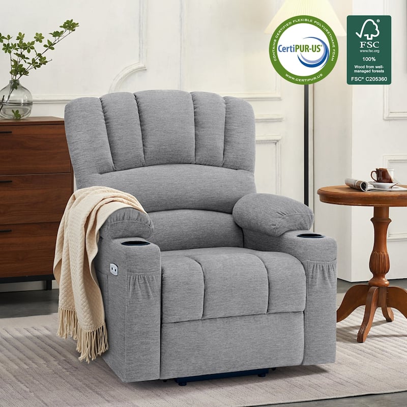 MCombo Power Lift Recliner Chair, Massage and Heat for Elderly, Extended Footrest,Cup Holders, USB Ports 7095 - Fabric-Grey