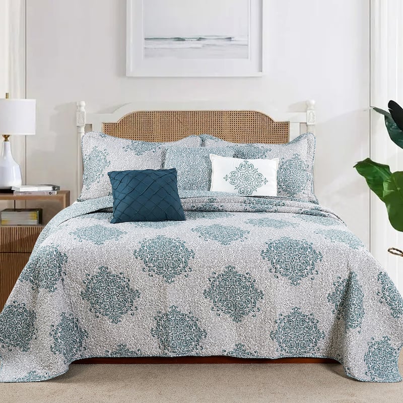 Serenta 6-piece Chelsea Printed Microfiber Quilts Coverlet Set - gray and teal - King
