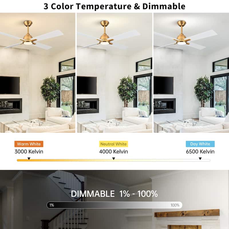 48-inch Gold Plywood Modern Dimmable Ceiling Fan with Light and Remote
