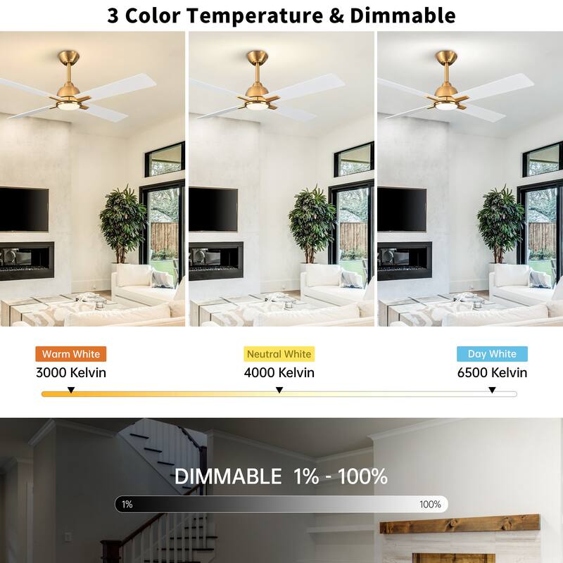 48-inch Gold Plywood Modern Dimmable Ceiling Fan with Light and Remote