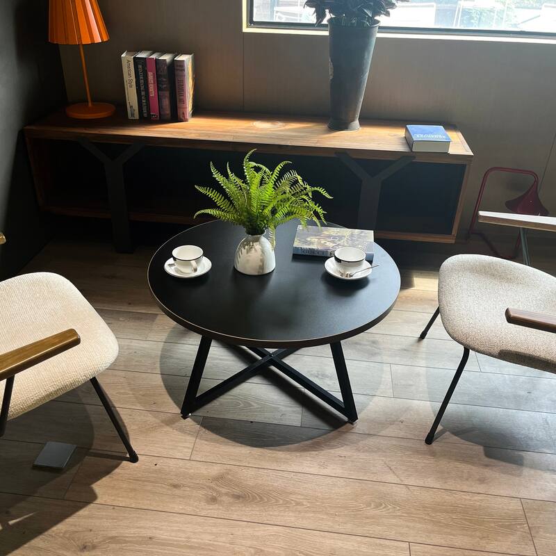 Round Coffee Table Wood Grain and Black Metal