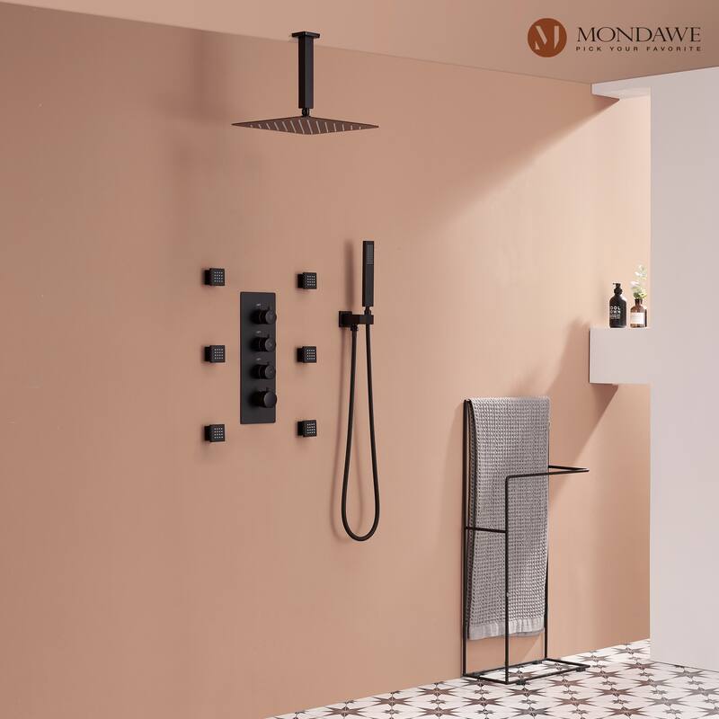 3 Functions Wall Mounted Thermostatic Shower System with Rough-in Valve - Black