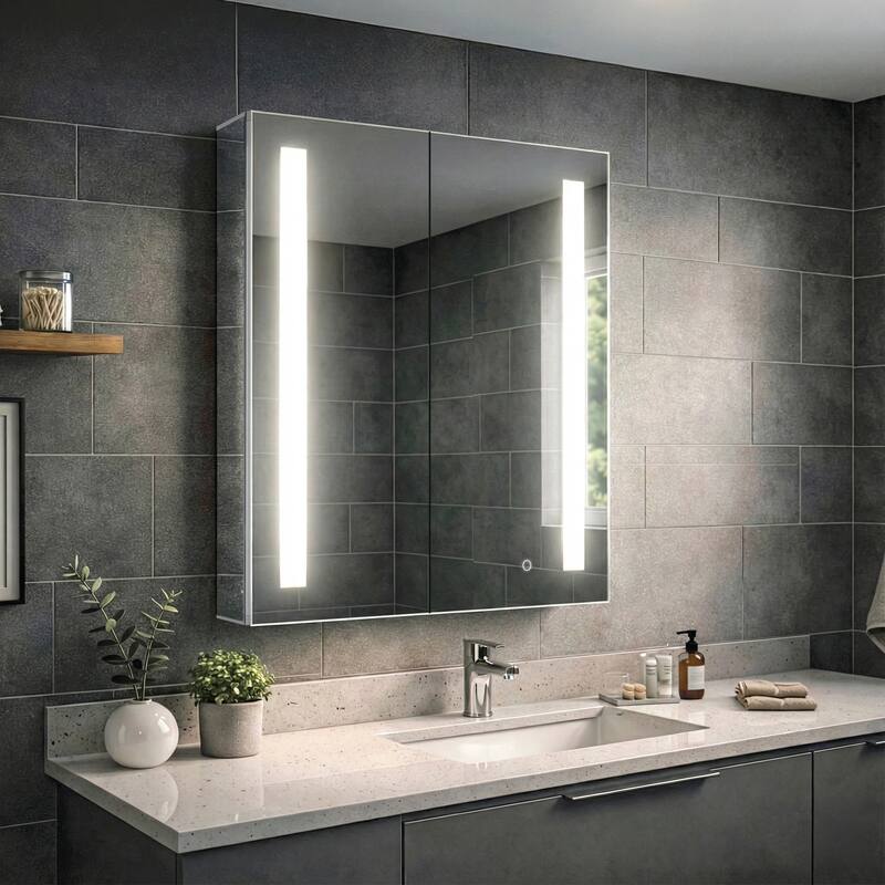 Bathroom Medicine Cabinet, Aluminum, Recessed/Surface Mount, Mirrored Interior w/LED - 24 x 30