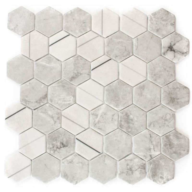 Eterna Hex 2x2 Glass Hexagon Mosaic Tile - Floor, Wall, Backsplash - 1 Sheet (0.88 Sq. ft.) - Lineas Gris