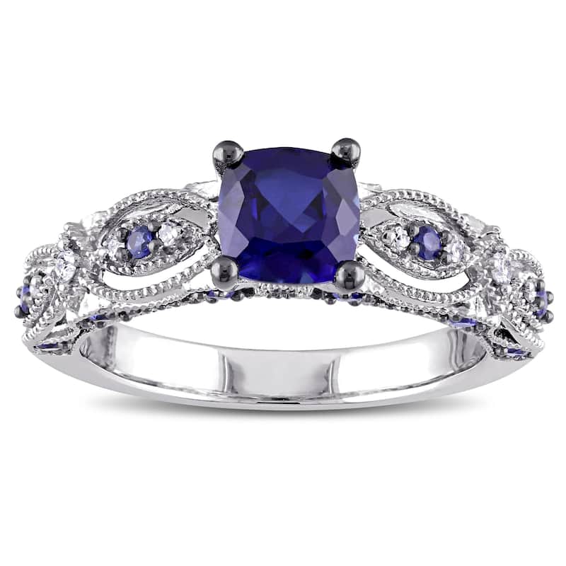 Miadora Cushion-cut Created Blue Sapphire and Diamond Vintage Infinity Engagement Ring 10k White Gold