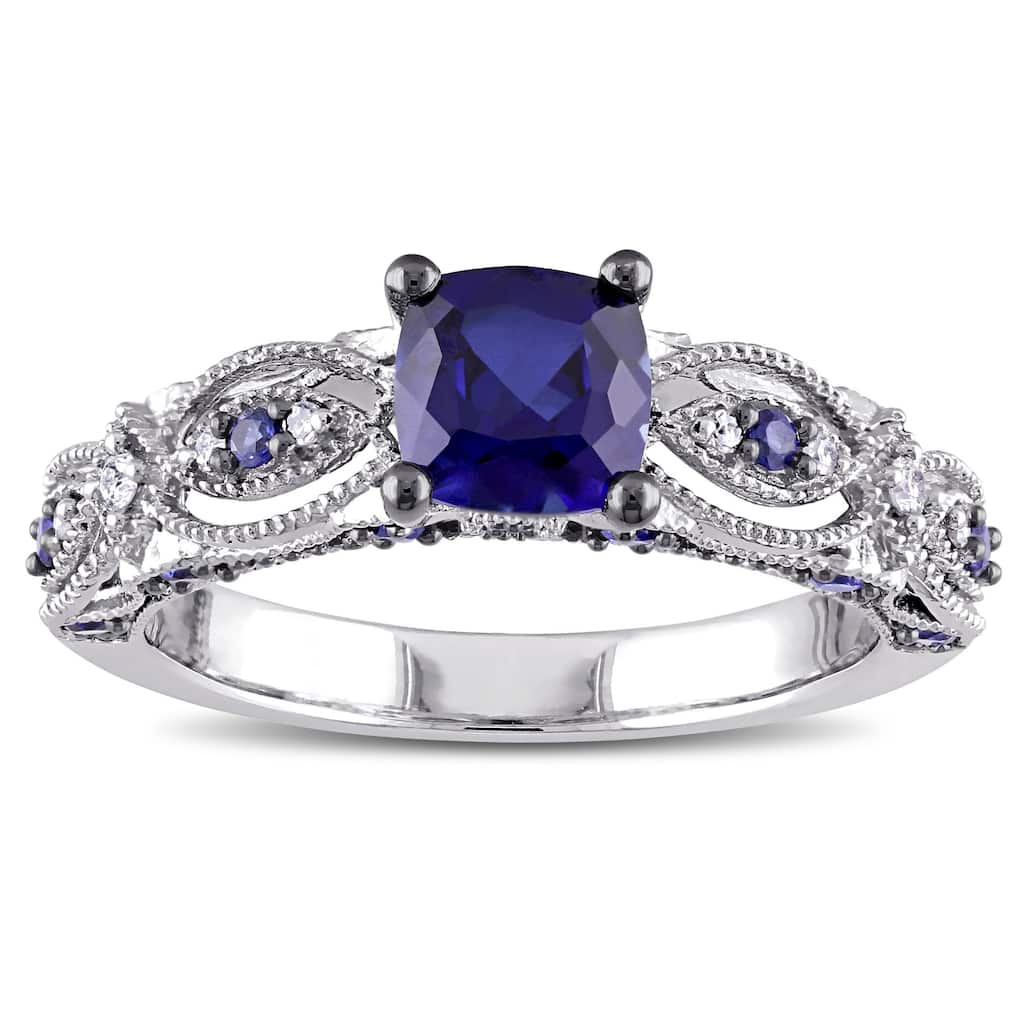 Miadora Cushion-cut Created Blue Sapphire and Diamond Vintage Infinity Engagement Ring 10k White Gold