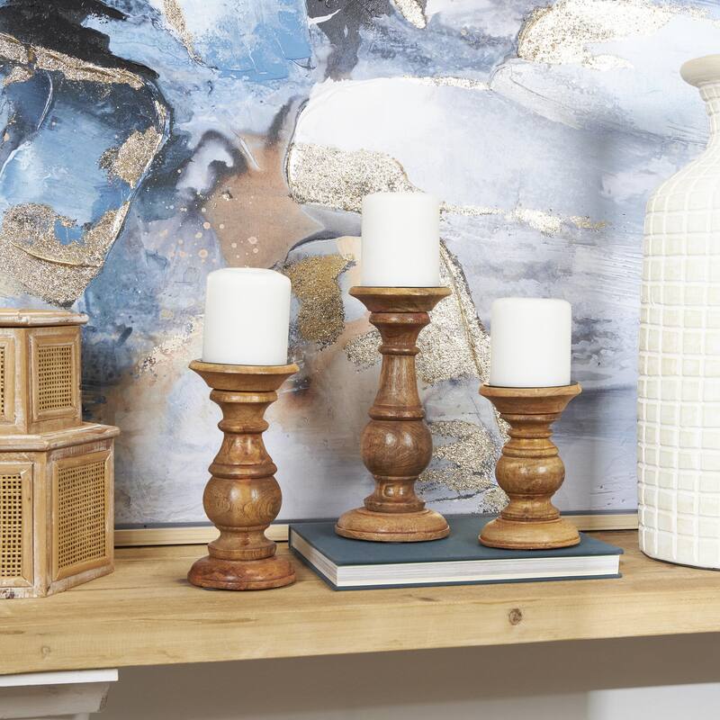 Mango Wood Turned Style Pillar Candle Holder (Set of 3) - White, Brown, Gold, Black, Light Blue, Cream, Silver - Brown