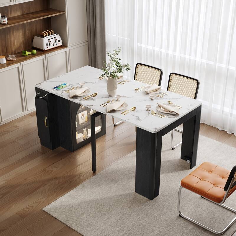 Storage Kitchen Island with Extendable Dining Table on Wheels and 3 Removable Middle Leaves, Power Outlet, Arch Cabinet, Light - Black White Marble