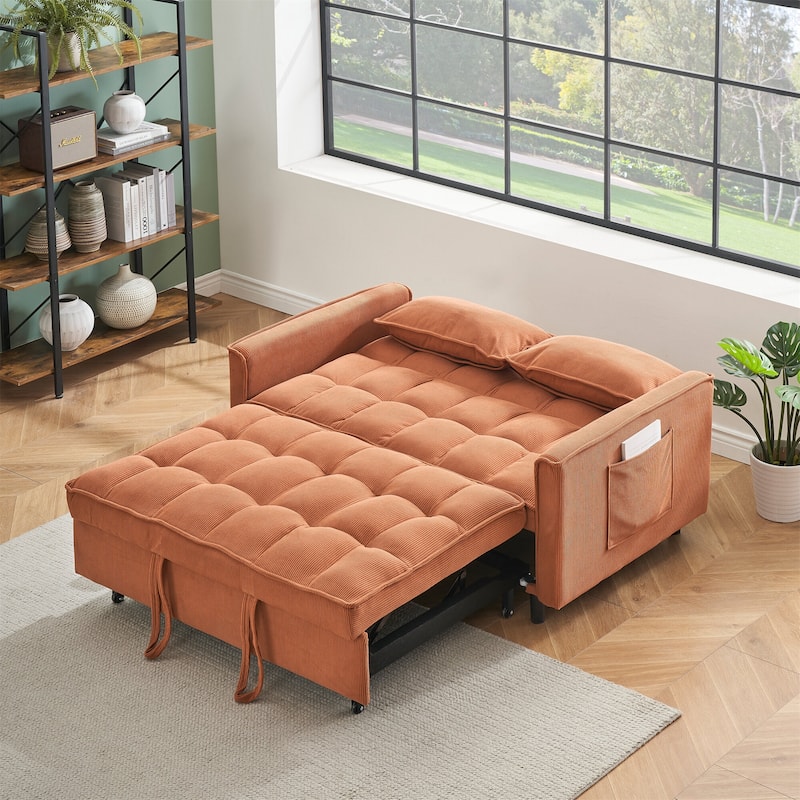 54.3'' Modern Corduroy Upholstered Convertible Sofa Bed with Side Pocket and Pillows