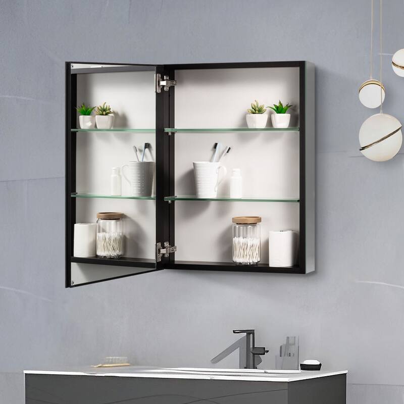 Bathroom Medicine Cabinet with Invisible Handle, Soft-Closing Hinge, Adjustable Glass Shelves - 20x26 inch - Black + Aluminium