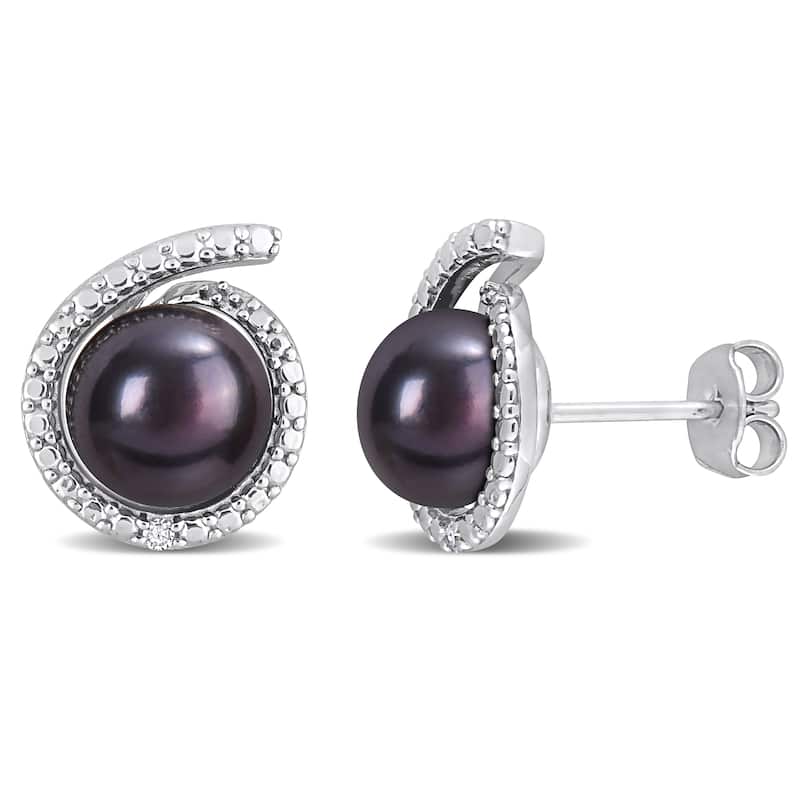 Miadora 8-8.5mm Black Cultured Freshwater Pearl and Diamond Accent Swirl Stud Earrings in Sterling Silver