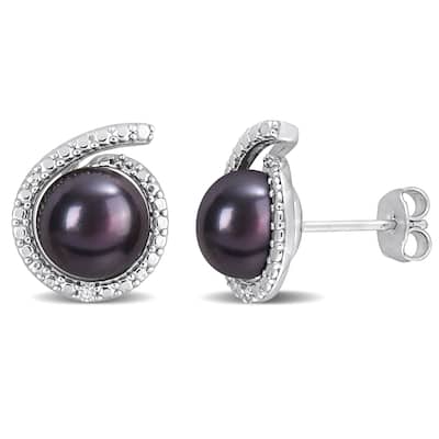 Miadora 8-8.5mm Black Cultured Freshwater Pearl and Diamond Accent Swirl Stud Earrings in Sterling Silver